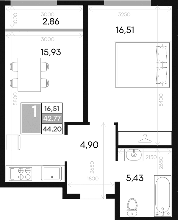 1-комн., 42.77 м²