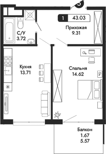 1-комн., 41.36 м²