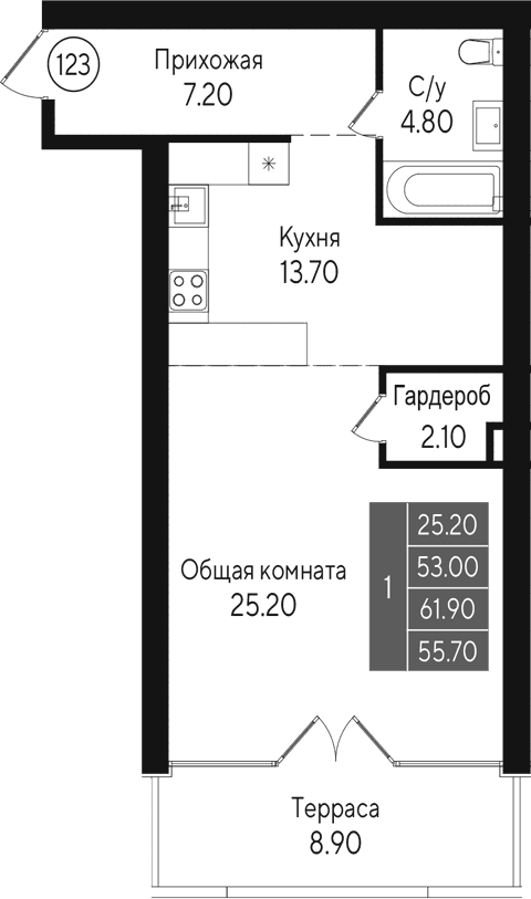 Студия, 53 м²