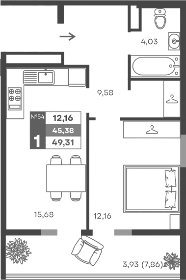 1-комн., 41.45 м²