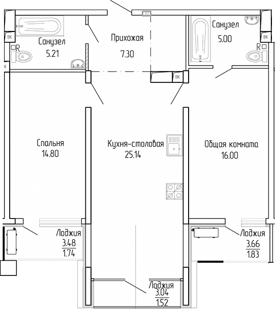 2-комн., 73.45 м²