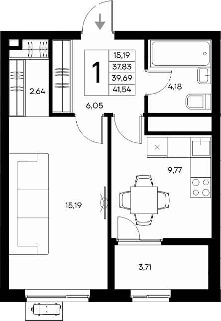 1-комн., 37.83 м²