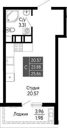 Студия, 23.88 м²