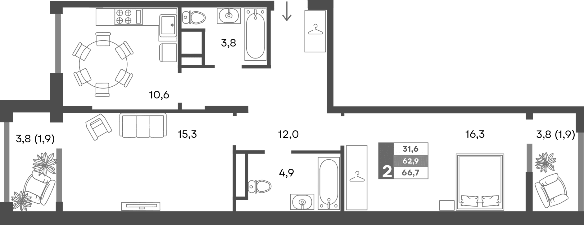 2-комн., 62.9 м²