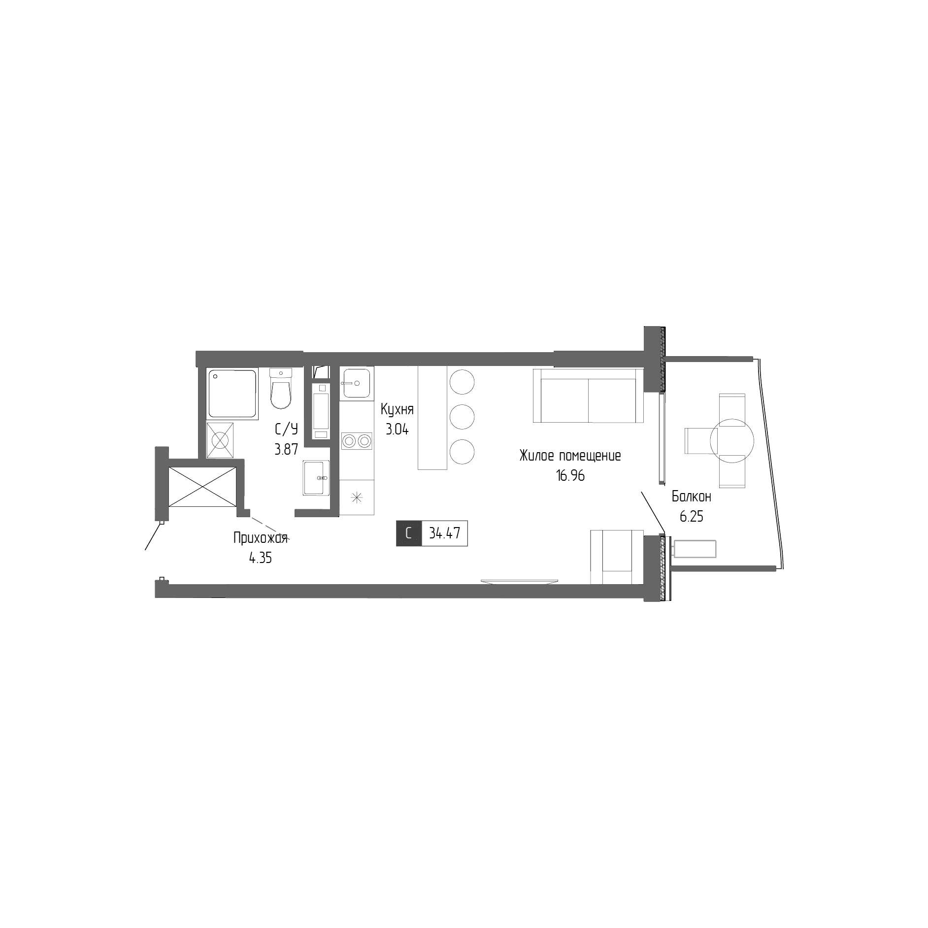Студия, 28.22 м²