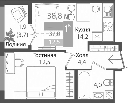 2-комн., 35.1 м²