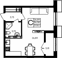 Студия, 34.35 м²