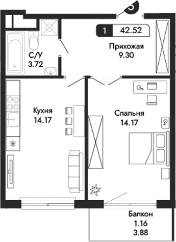 1-комн., 41.36 м²