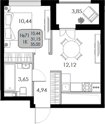 1-комн., 31.15 м²