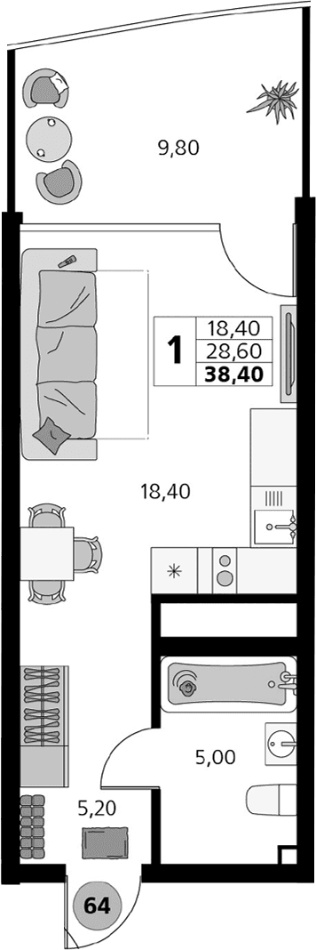 Студия, 28.6 м²