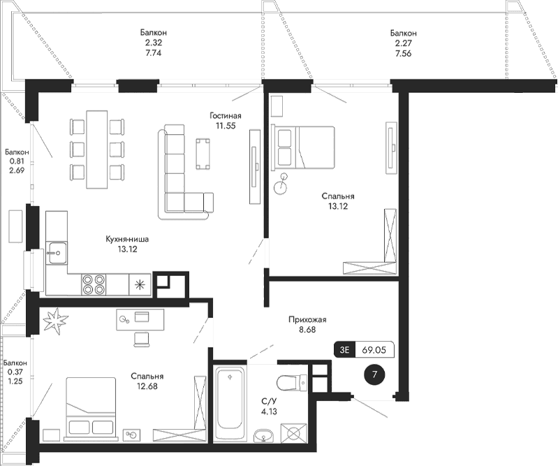 3-комн., 63.28 м²
