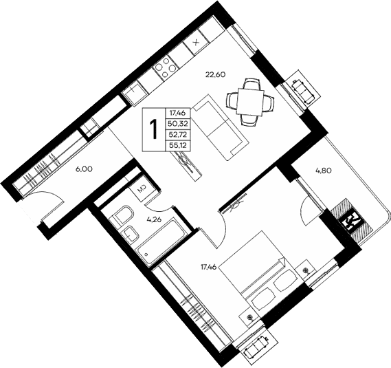 1-комн., 50.32 м²
