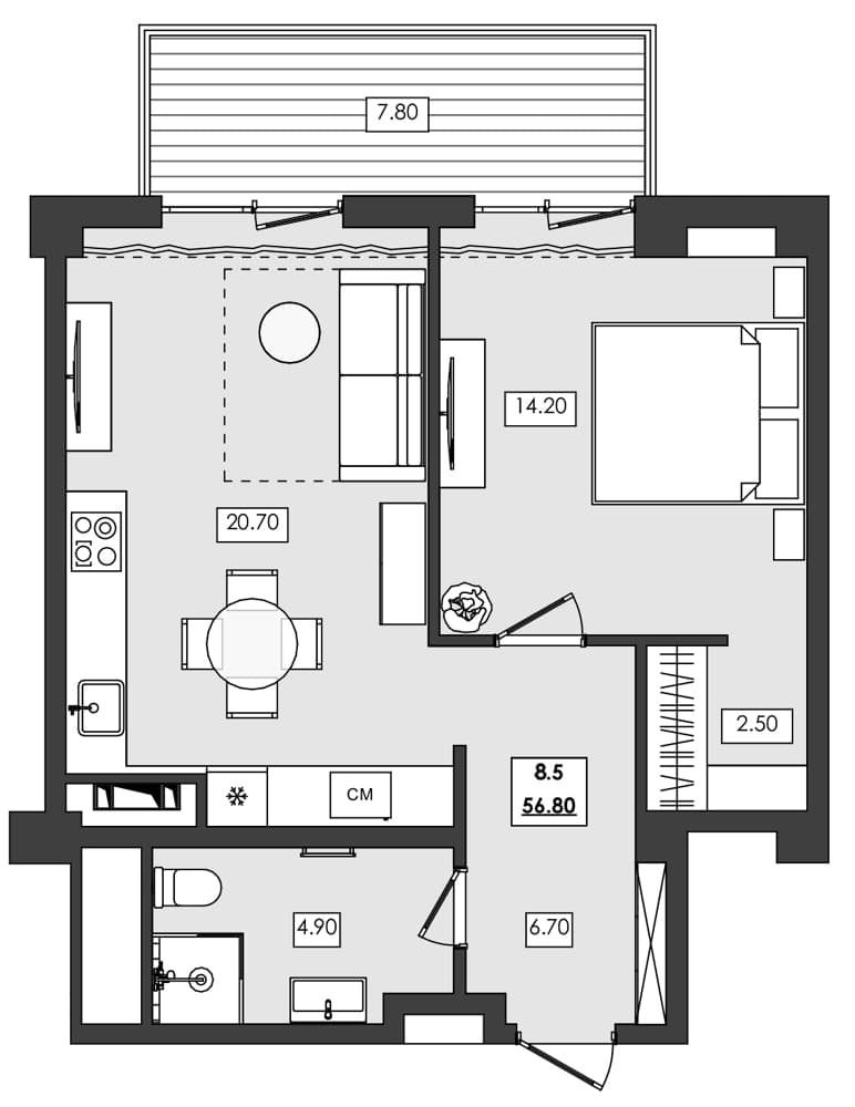 1-комн., 49 м²
