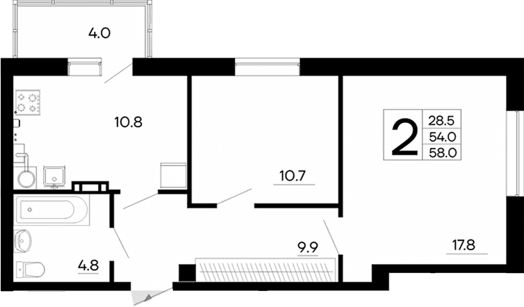 2-комн., 54 м²