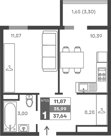 1-комн., 34.34 м²
