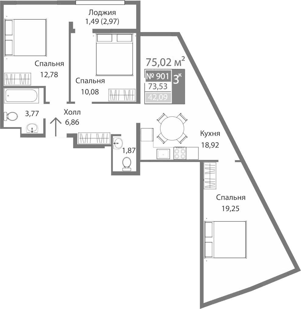 3-комн., 73.53 м²