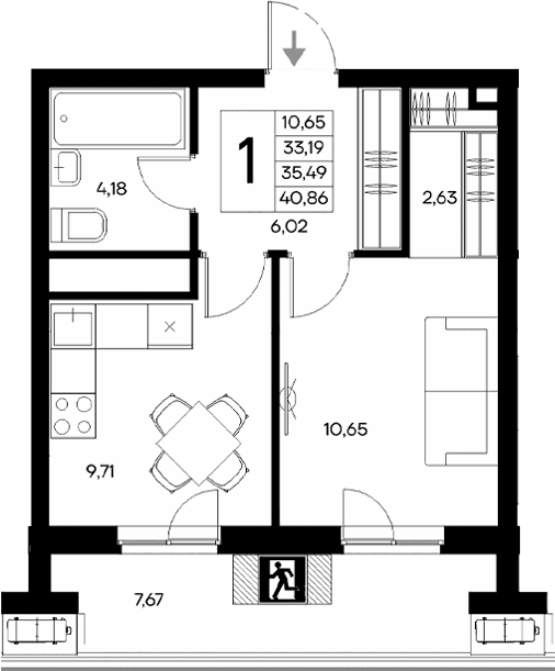1-комн., 33.19 м²