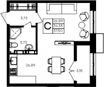 Студия, 34.35 м²