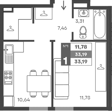 1-комн., 33.19 м²