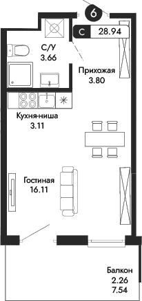 Студия, 26.68 м²