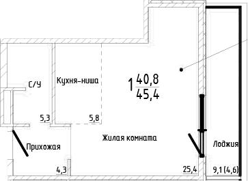 Студия, 40.8 м²