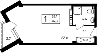 Студия, 32.1 м²