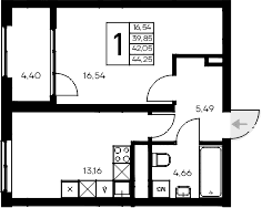 1-комн., 39.85 м²