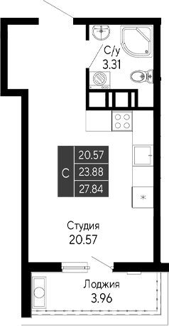 Студия, 23.88 м²