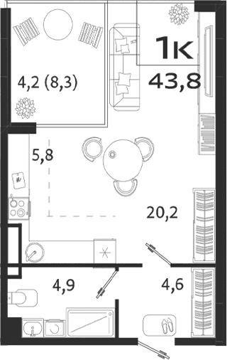 Студия, 35.5 м²