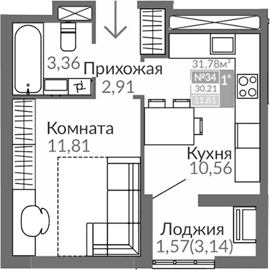 1-комн., 28.64 м²
