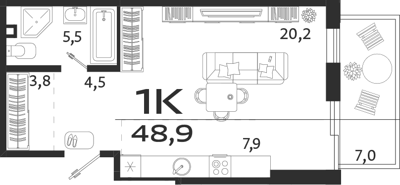 Студия, 41.9 м²