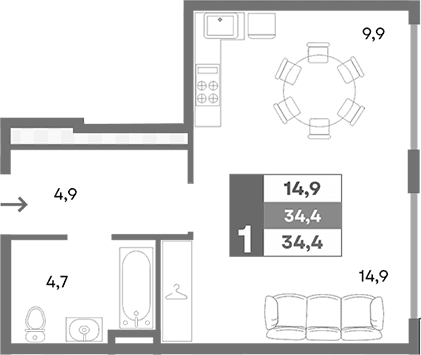 1-комн., 34.4 м²