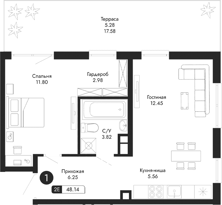2-комн., 42.86 м²