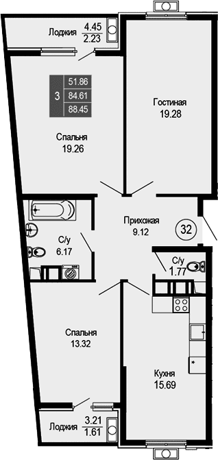 3-комн., 84.61 м²