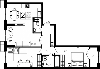 2-комн., 75.75 м²