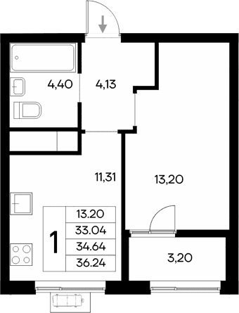 1-комн., 33.04 м²
