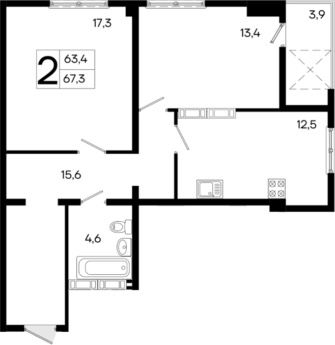 2-комн., 63.4 м²