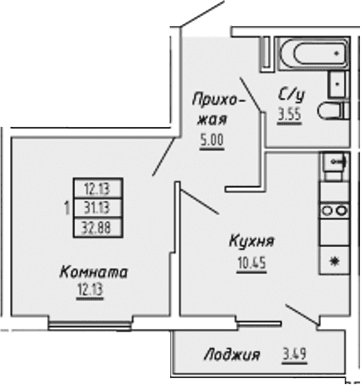 1-комн., 31.13 м²