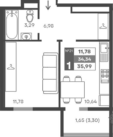 1-комн., 32.69 м²