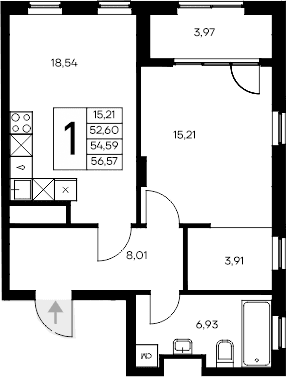1-комн., 52.6 м²