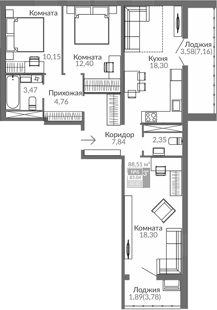3-комн., 77.57 м²