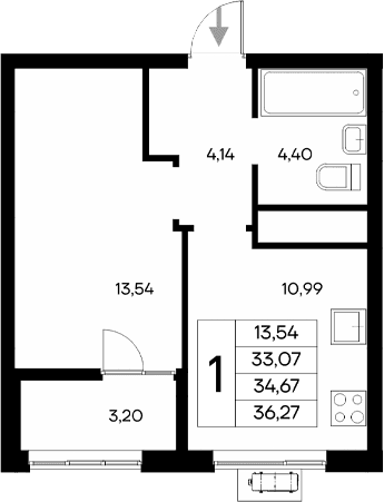 1-комн., 33.07 м²