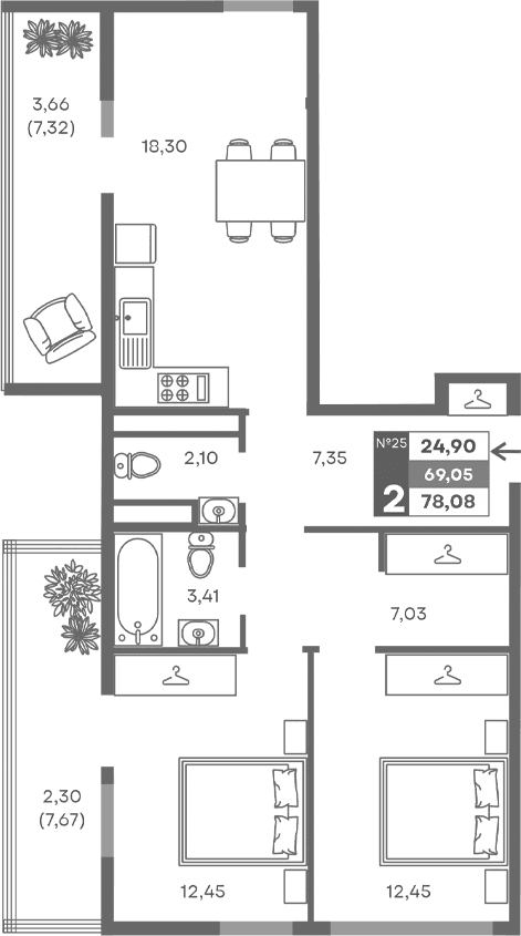 2-комн., 63.09 м²