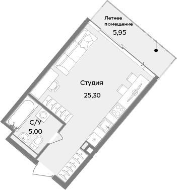 Студия, 30.3 м²