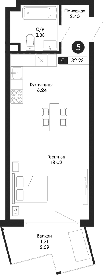 Студия, 30.57 м²