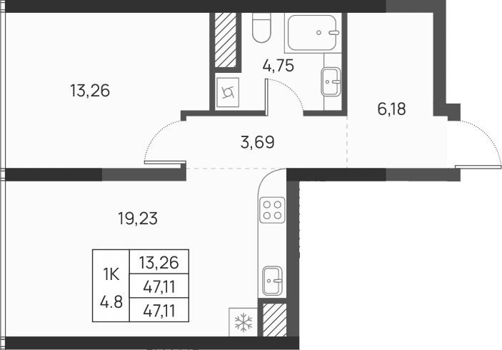 1-комн., 47.11 м²