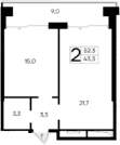 1-комн., 43.3 м²