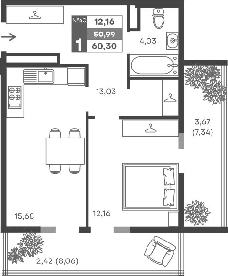1-комн., 44.9 м²