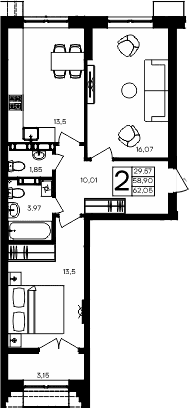 2-комн., 58.9 м²