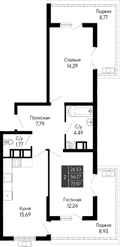 2-комн., 56.27 м²